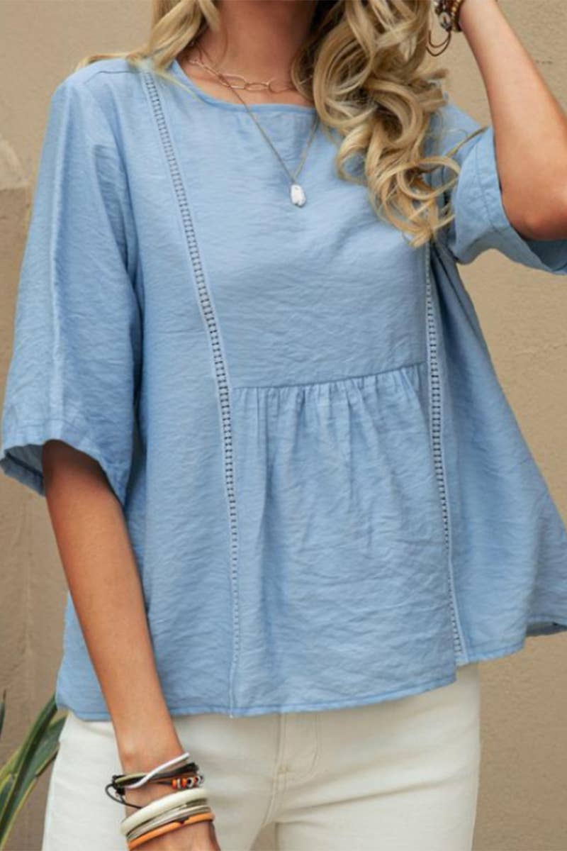 CWTBLS2330_LACE HOLLOW CASUAL SOLID COLOR MID-SLEEVE SHIRT