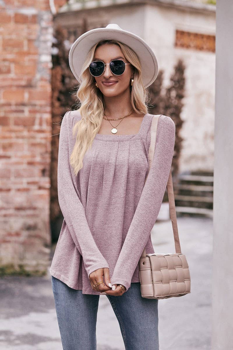 CWTBLL1836_PUFF SLEEVE SQUARE NECK PLEATED LONG SLEEVE TOP