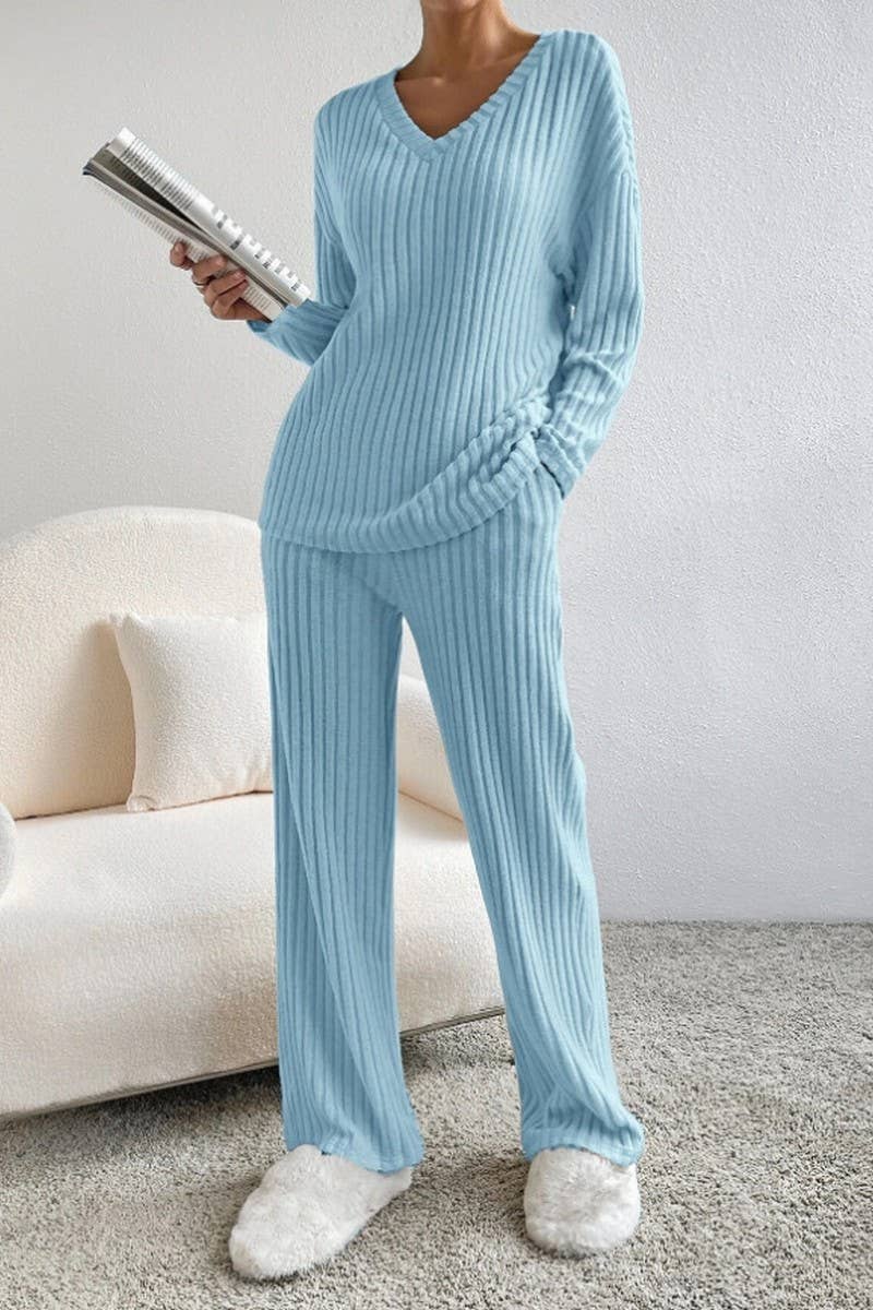 CWSTB00462_RIBBED KNIT V NECK TOP AND STRAIGHT PANTS SET
