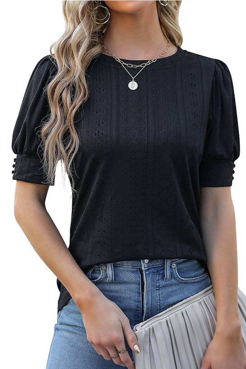 CWTBLS1599_ROUND NECK SOLID COLOR HOLLOW SHORT SLEEVE TOP