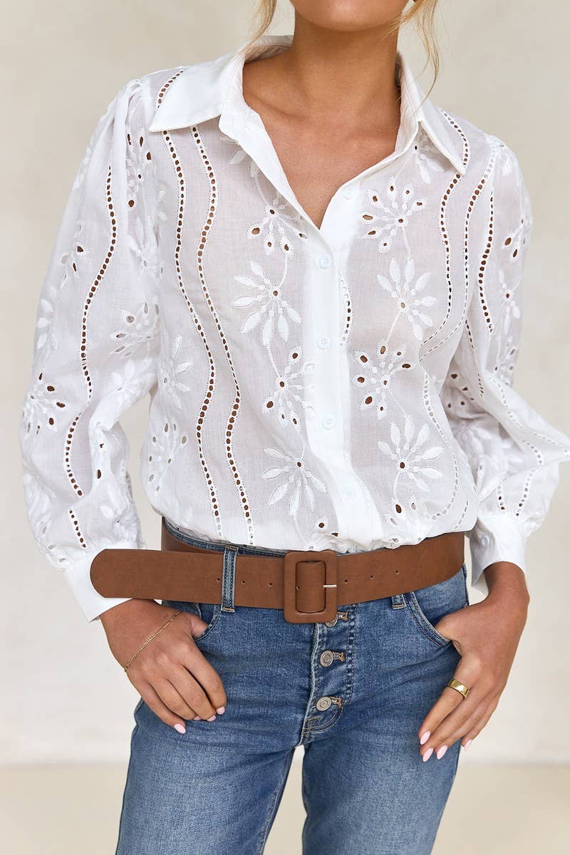 CWTSTL01000_CASUAL LOOSE HOLLOW OUT PUFF SLEEVE  TOP