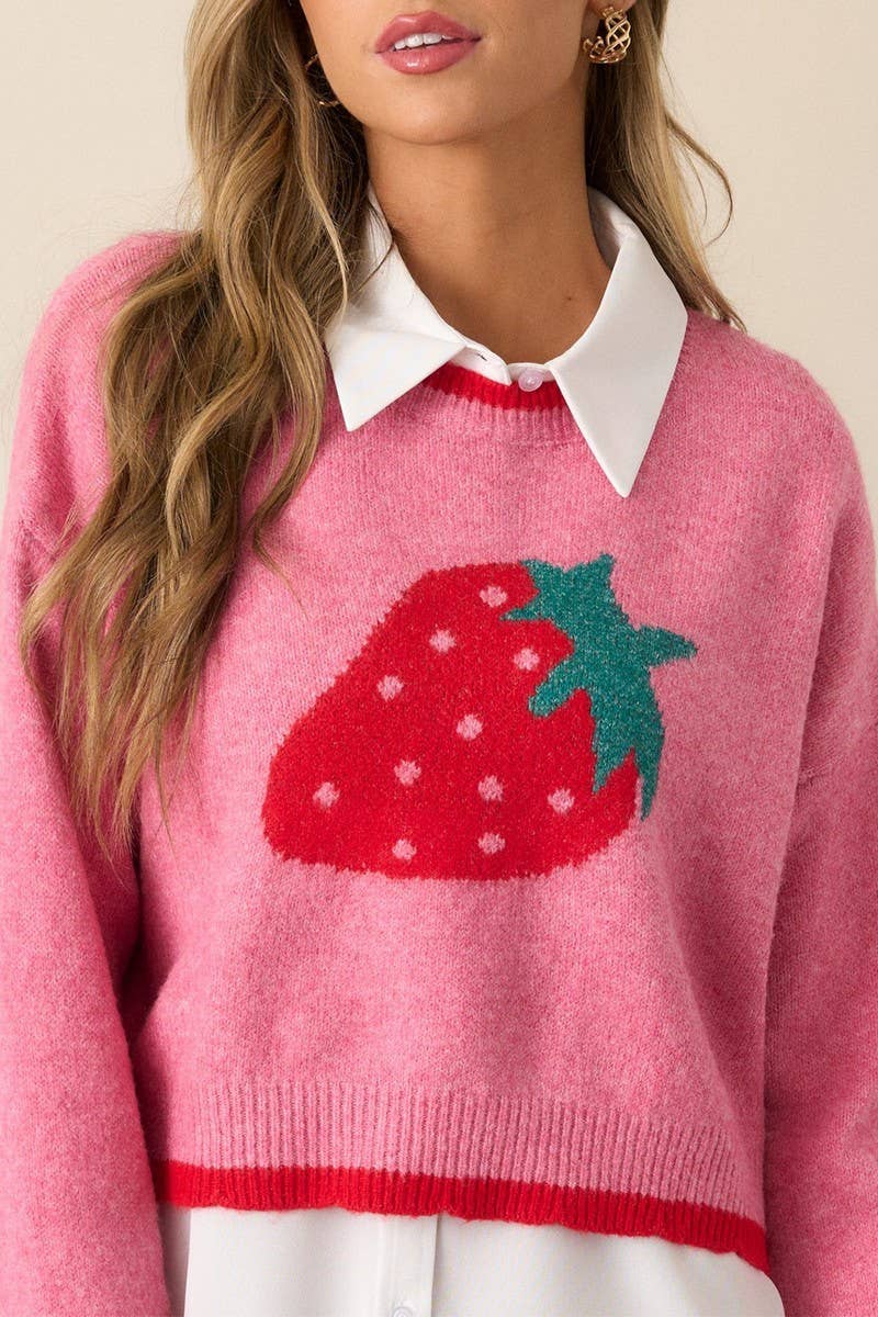 CWOSWL6958_SHORT STRAWBERRY PATTERN LONG SLEEVE KNIT SWEATER