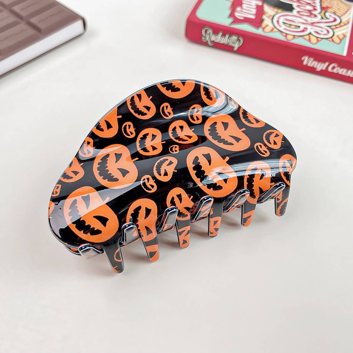 Half Circle Pumpkin Spider Web Skull Hair Clip_CWAHA1442