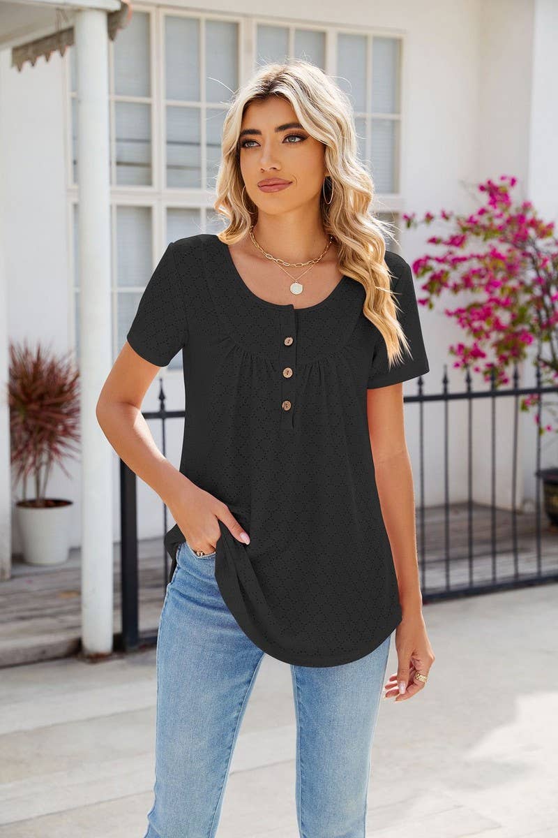 CWTBLS0435_Round Neck Short Sleeve Blouse