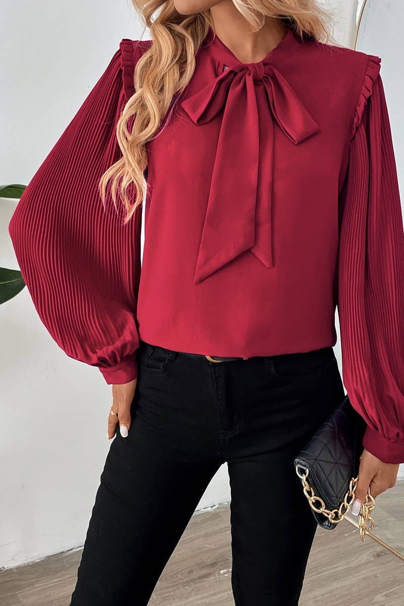 CWTBLL3701_TEMPERAMENT BOW TIE COLLAR LANTERN SLEEVE SHIRT