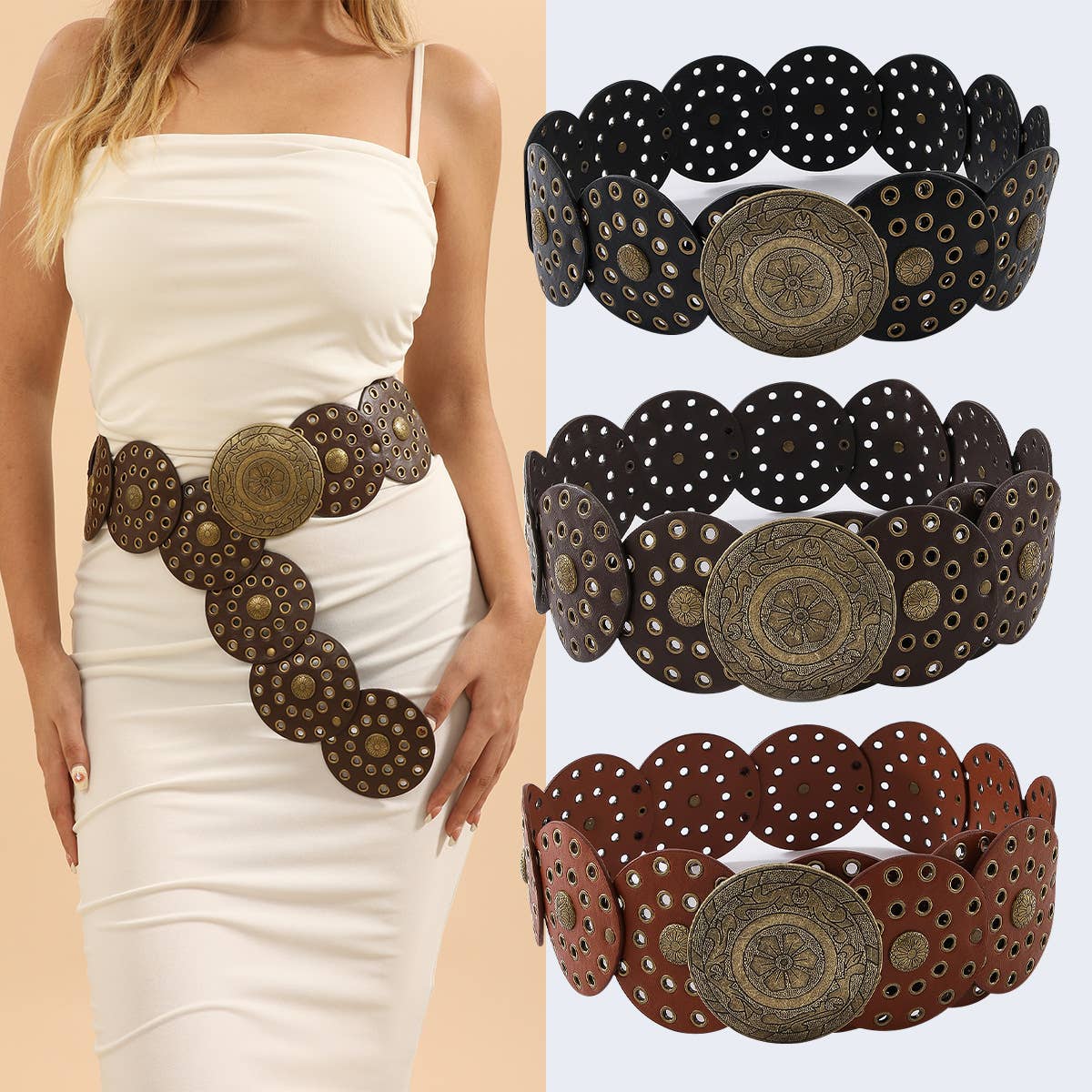 Exaggerated decorative circular metal wide belt