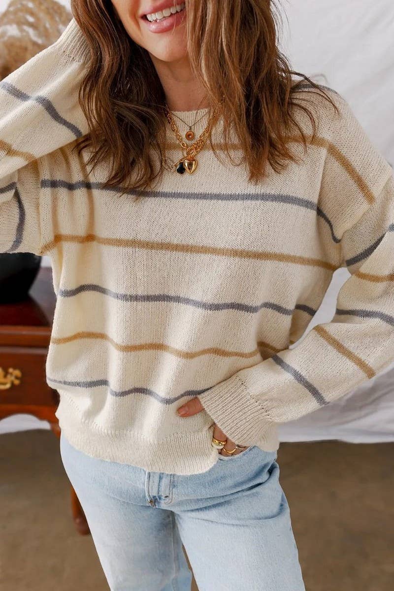 CWOSWL07153_CASUAL COLORFUL STRIPED LOOSE PULLOVER SWEATER