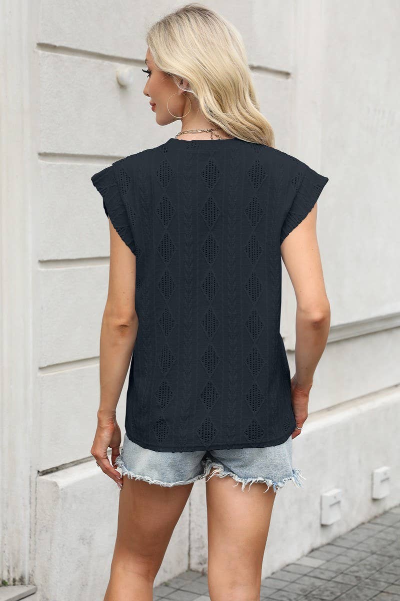 CWTBLS1696_ROUND NECK JACQUARD LOOSE SHORT SLEEVE TOP
