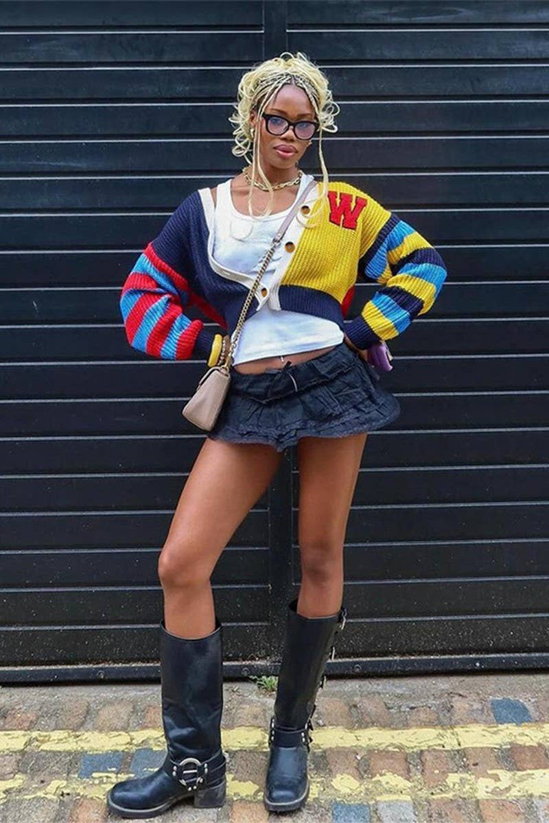 CWOCAL2239_COLORFUL LETTER BUTTON KNITTED SWEATER CARDIGAN