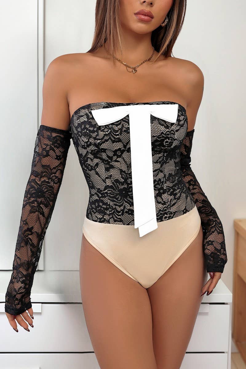 CWSBSSL0066_OFF-SHOULDER BOW LACE CONTRAST BODYSUIT