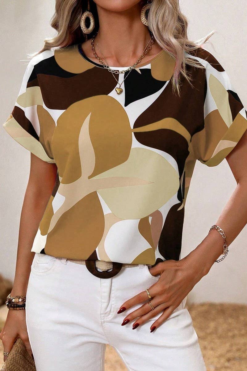 CWTTS1380_SUMMER FASHION PRINTED U-NECK SHORT SLEEVE TOP