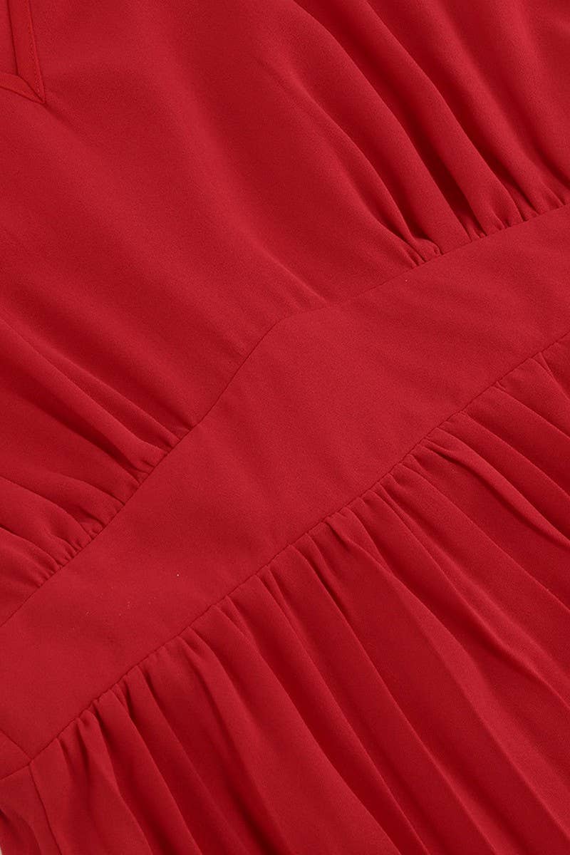 CWDMD2207_SLIM PLEATED SKIRT SEXY V-NECK DRESS