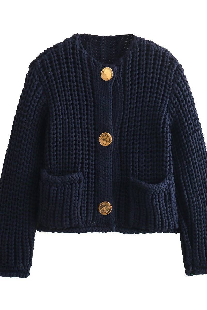 CWOCAL2046_SOLID COLOR METAL BUTTON CHUNKY KNIT CARDIGAN