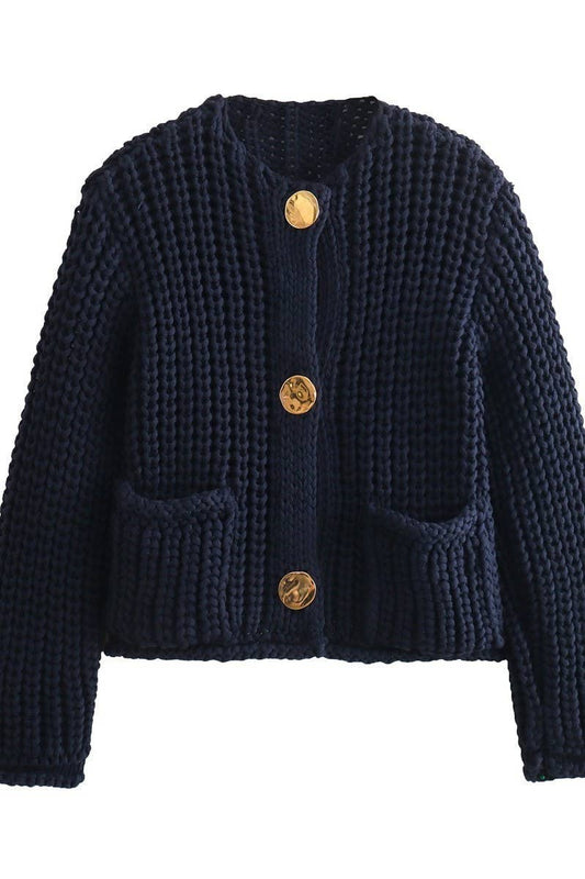 CWOCAL2046_SOLID COLOR METAL BUTTON CHUNKY KNIT CARDIGAN