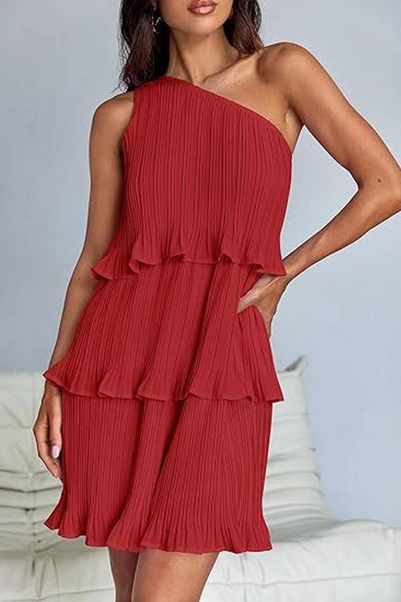 CWDSD7518_SUMMER OFF-SHOULDER LAYERED SOLID COLOR DRESS