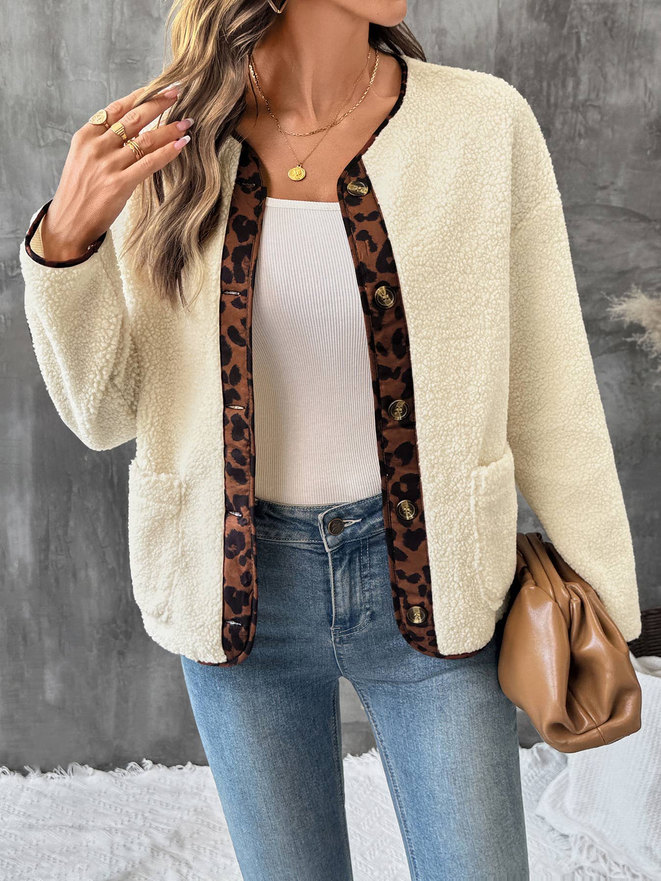 Casual polar fleece leopard print color cardigan