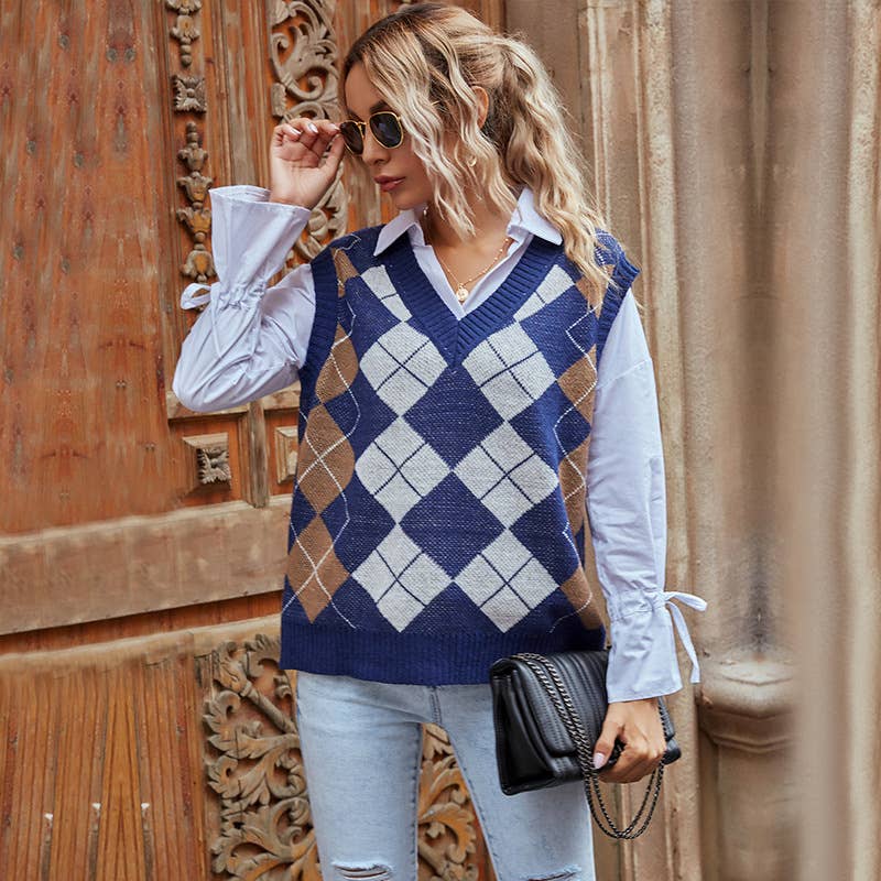 DIAMOND CHECK V-NECK SWEATER VEST KNIT