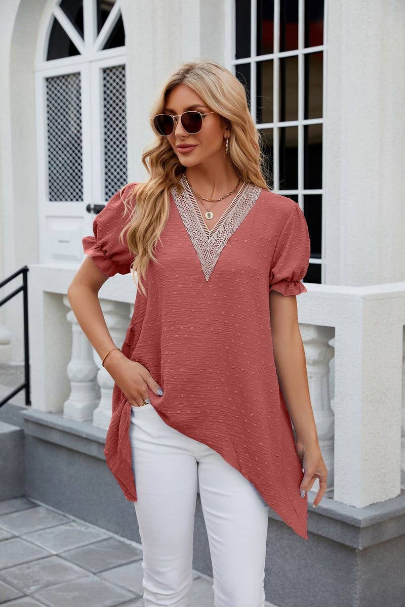 CWTBLS0445_V-Neck Short Sleeve Lace Trim Top