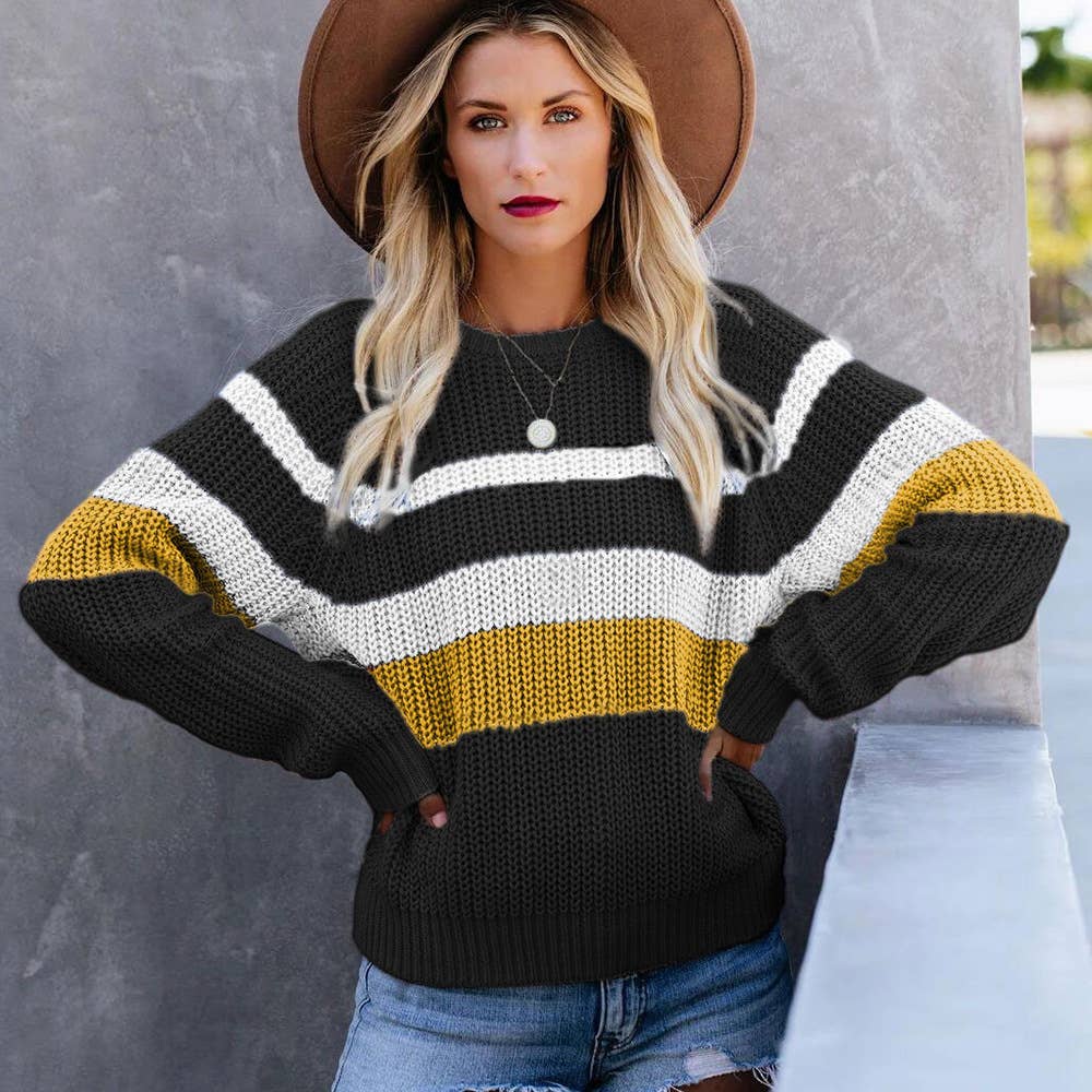 CASUAL LOOSE CREW NECK COLOR PATCHWORK KNITWEAR