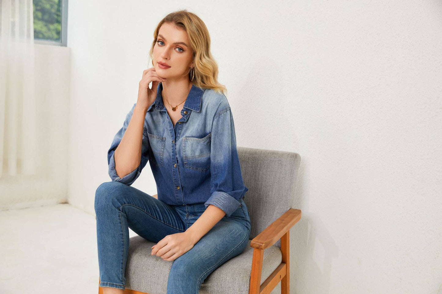 CASUAL LAPEL GRADIENT SINGLE-BREASTED DENIM SHIRT