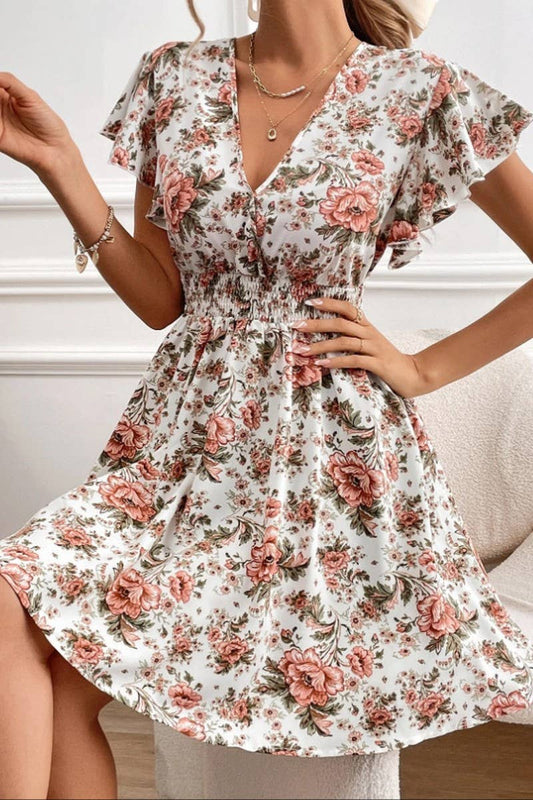 CWDSD8784_SUMMER LACE SLEEVE WAIST FLORAL DRESS
