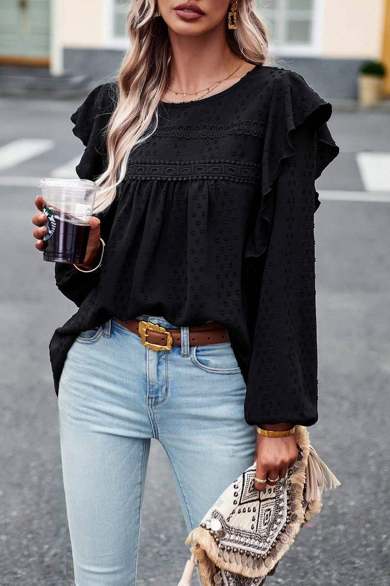 CWTBLL0390_Round neck Long Sleeve Ruffle Detailed Blouse