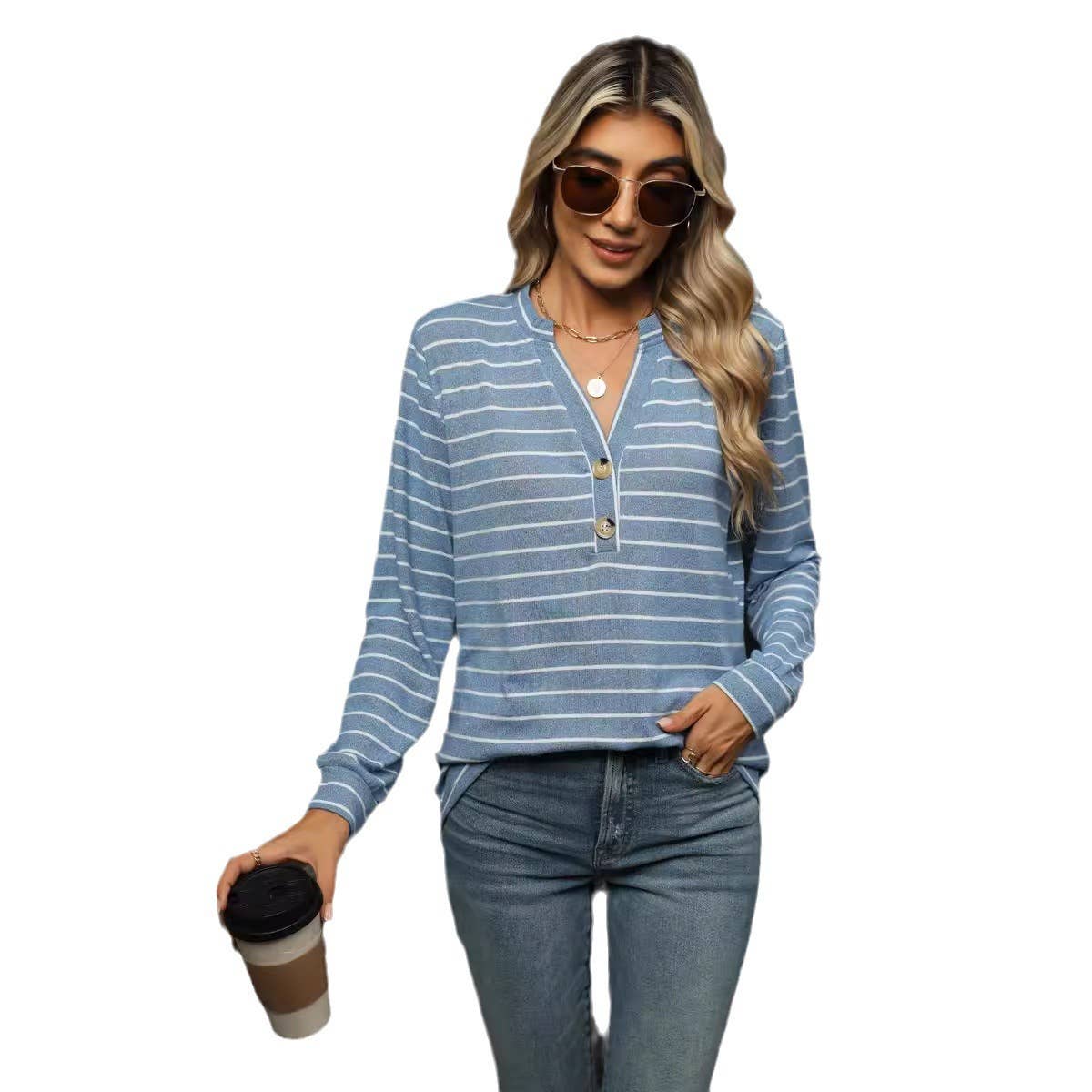 CASUAL STRIPED WOOLEN BUTTON LOOSE T-SHIRT