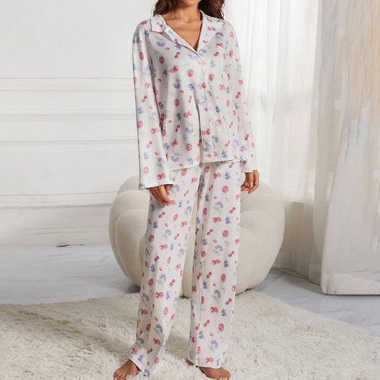 FLOWER AND FRUIT PRINT WIDE LEG PANT PAJAMA SET