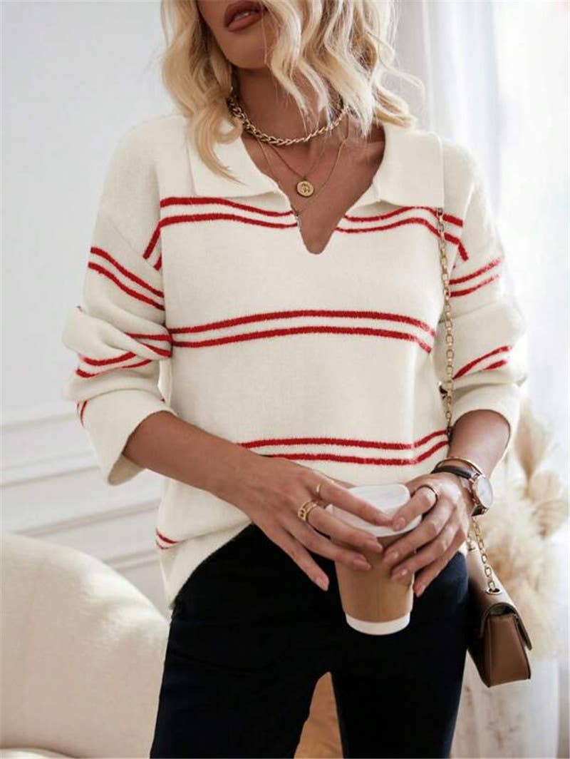 Color-blocking striped polo neck knitted sweater