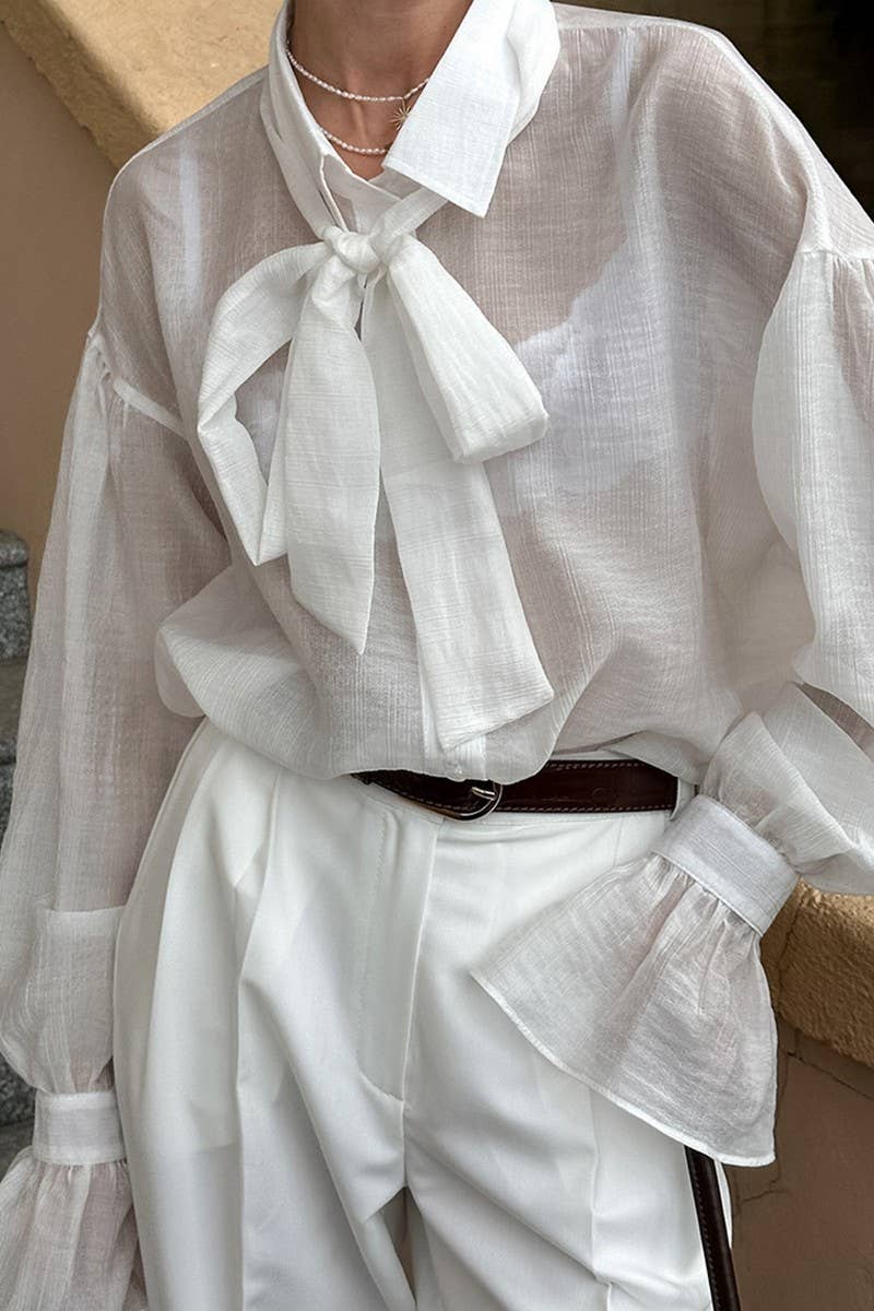 CWTSTL906_SEXY SEE-THROUGH WHITE TENCEL LACE-UP SHIRT