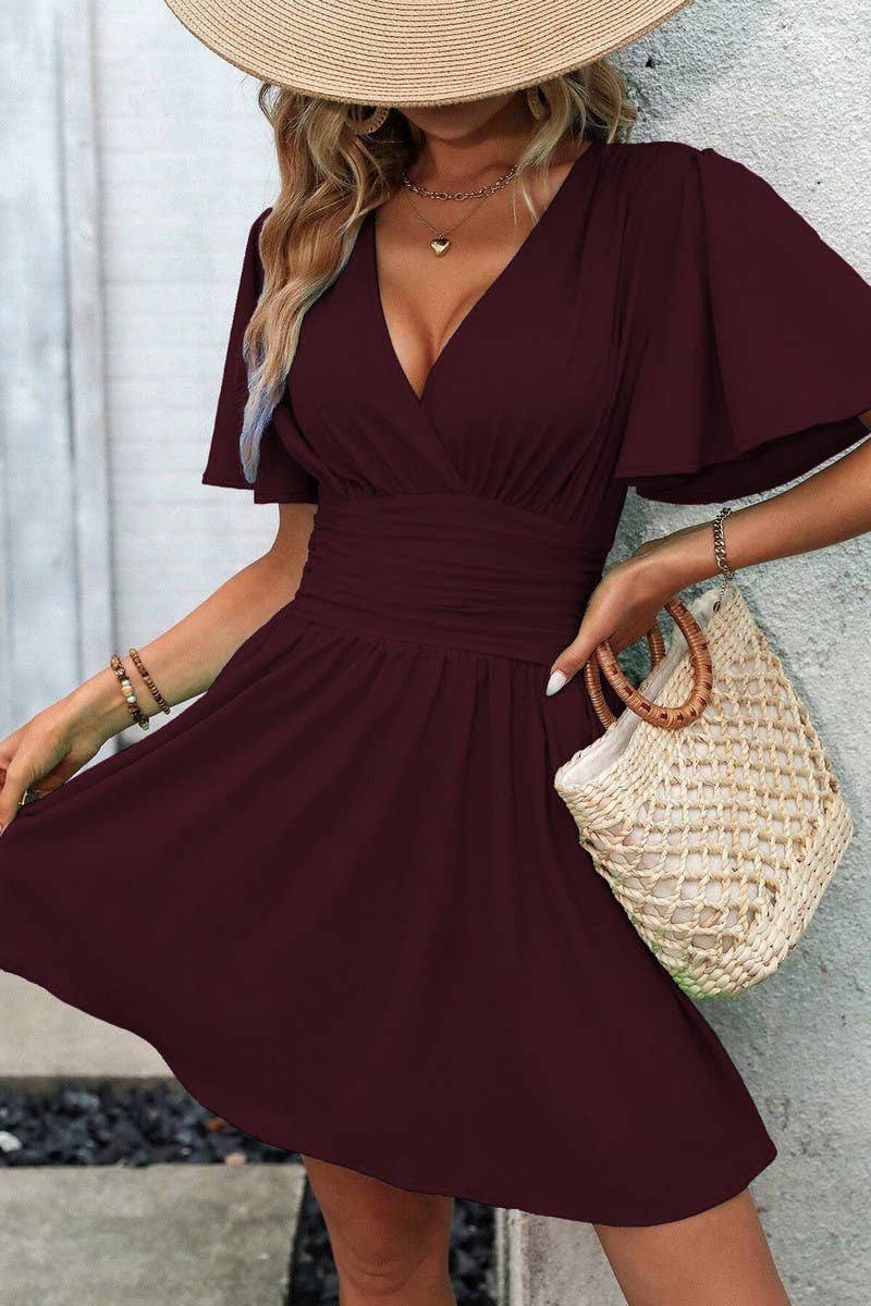 CWDSD7143_V-NECK LOTUS LEAF SLEEVE SOLID COLOR SKIRT DRESS