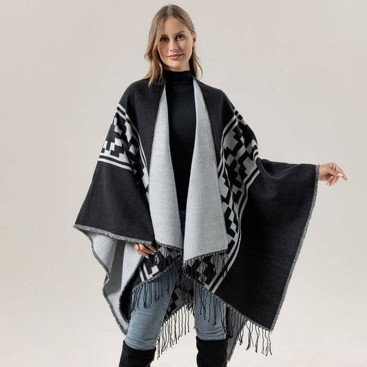 WARM OUTER WEAR THICKENED TASSEL SLIT CAPE