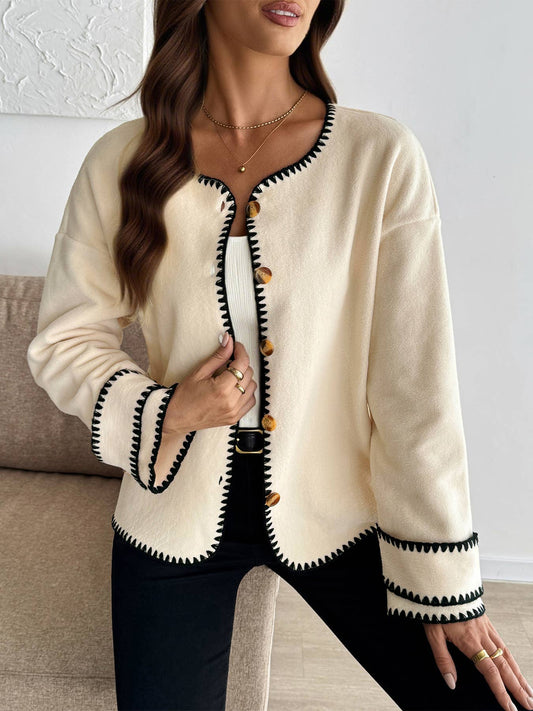 Casual line-patterned color-blocking cardigan