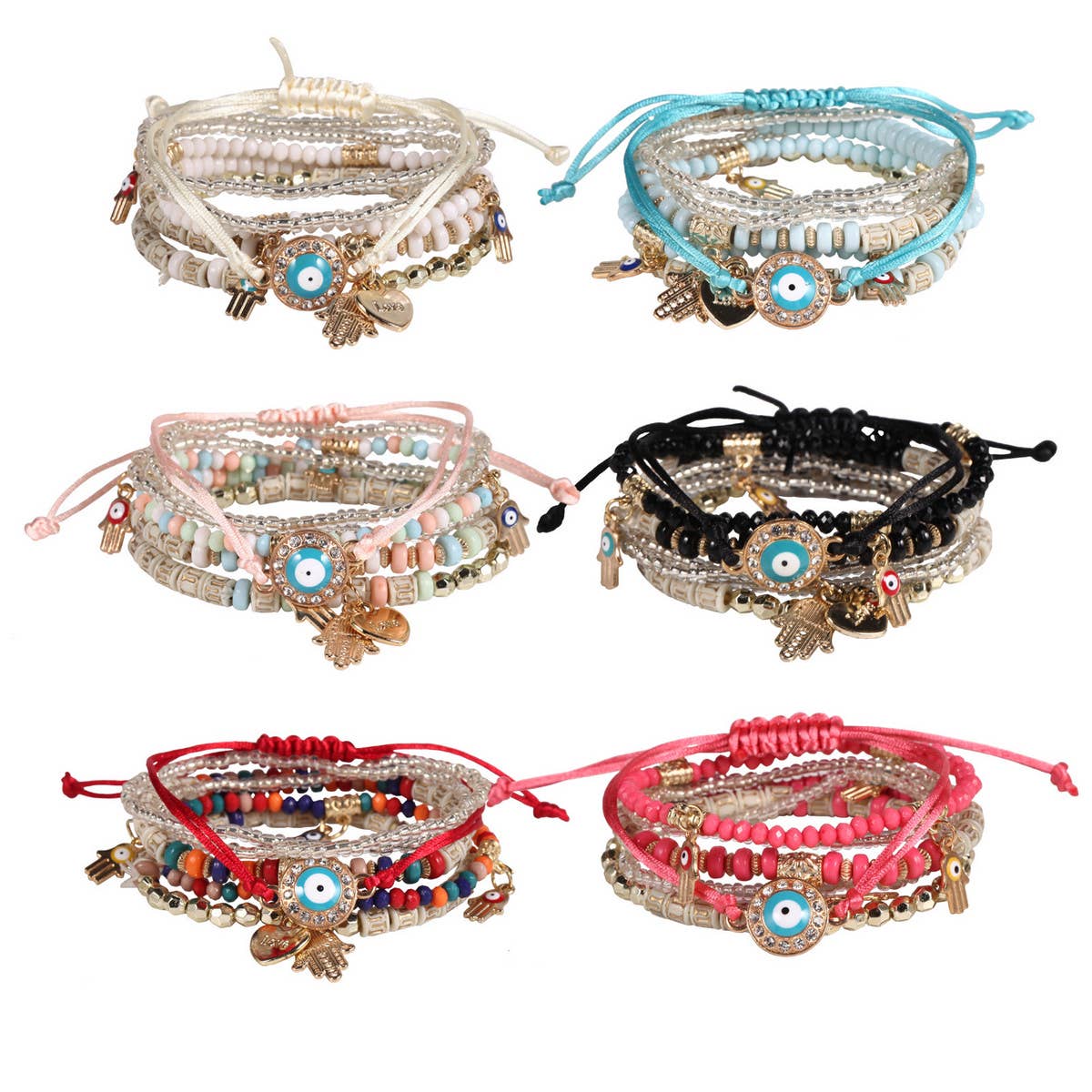 HANDMADE BEADED EVIL EYE LAYERED BRACELET