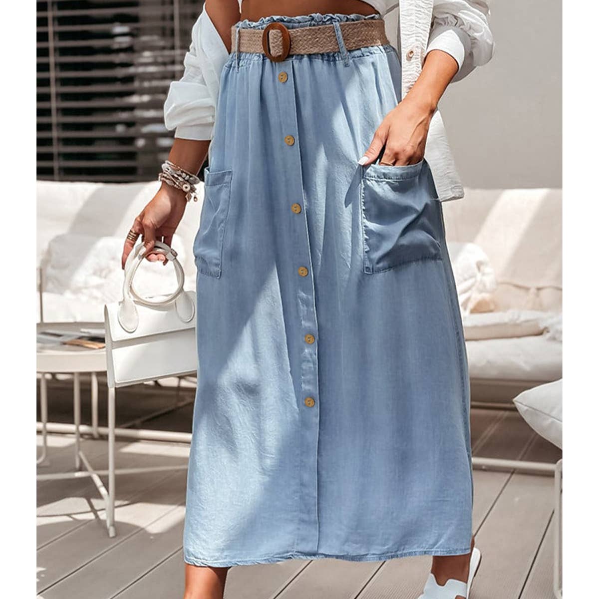 Casual loose high-waisted denim solid color skirt
