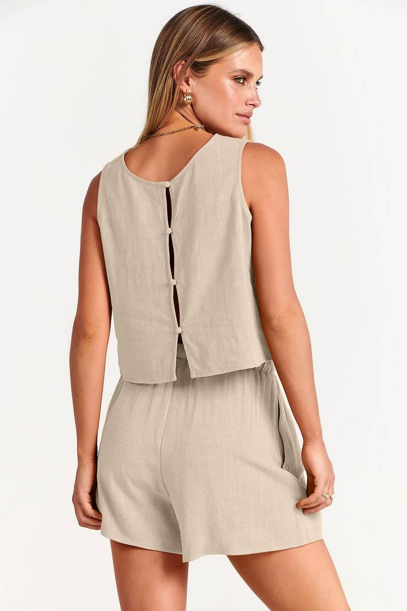 CWSTB1594_SOLID COLOR SLEEVELESS TOP SHORTS TWO PIECE SET