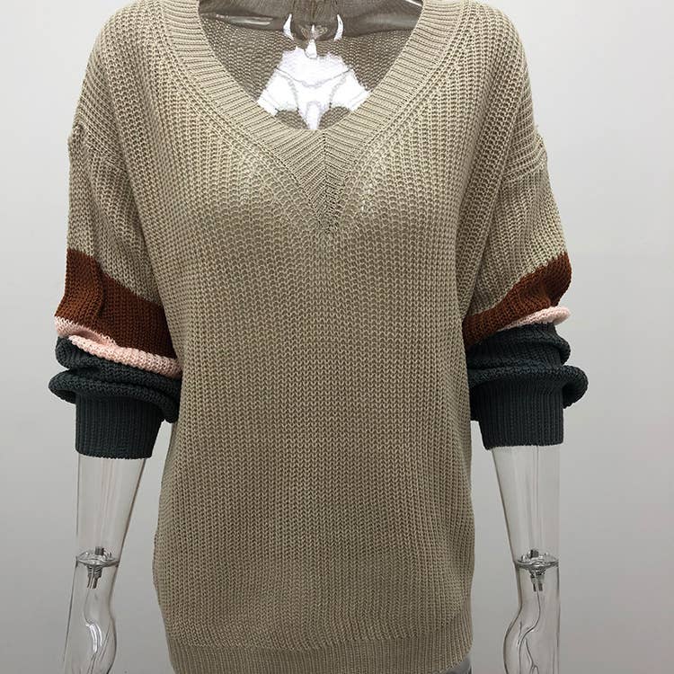 CHICKEN-NECKED LANTERN SLEEVE STRIPED SWEATER