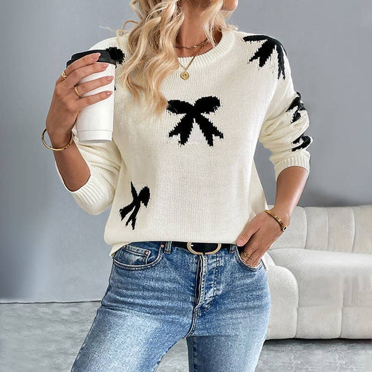Casual and simple bow jacquard knitted sweater