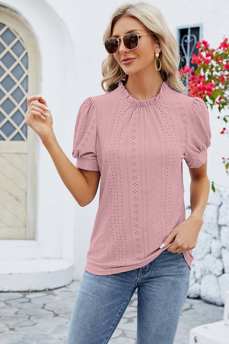 CWTSTS0364_PUFFY SLEEVE LOOSE HOLLOW-OUT PLEATED T SHIRT