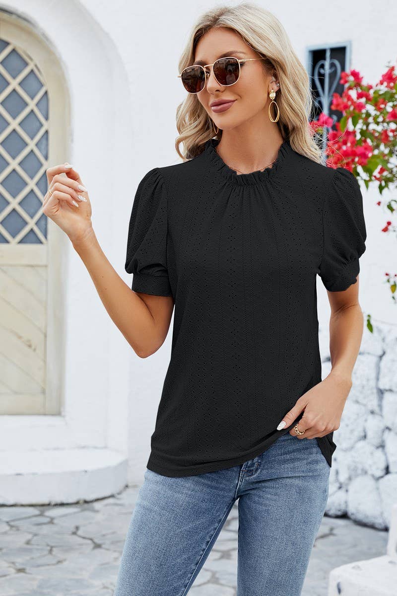 CWTSTS0364_PUFFY SLEEVE LOOSE HOLLOW-OUT PLEATED T SHIRT