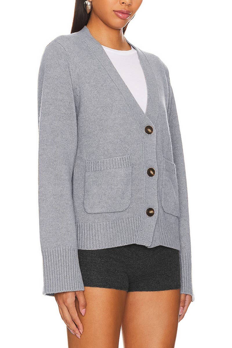 CWOCAL1611_SOLID COLOR V-NECK KNITTED CARDIGAN COATS