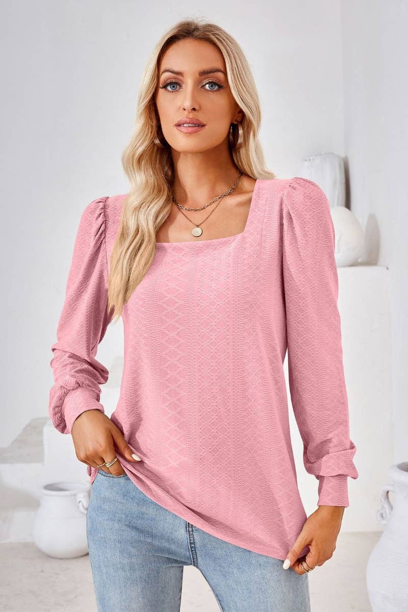 CWTBLL2798_AUTUMN SQUARE NECK JACQUARD LONG-SLEEVED TOP