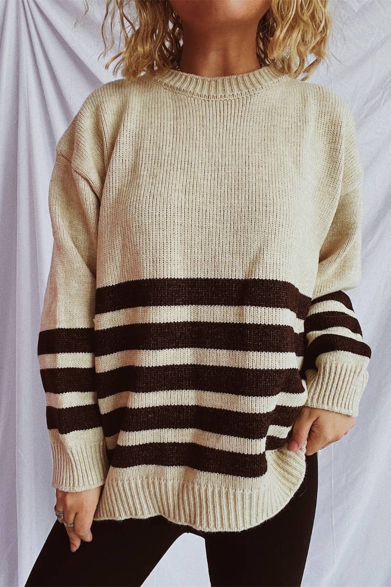 CWOSWL3818_VINTAGE CREW-NECK LONG-SLEEVED STRIPED SWEATER
