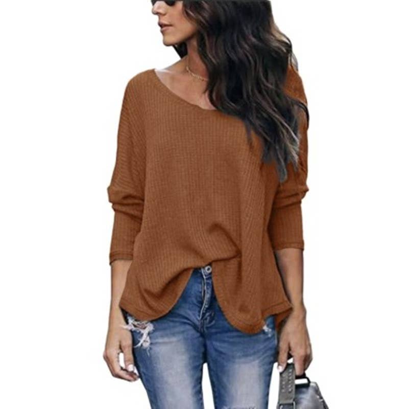 CWTTL1205_V-neck Long Sleeved Loose Knit Top