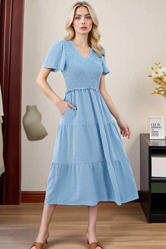 CWDMD00962_CASUAL V-NECK SHORT-SLEEVED DRESS