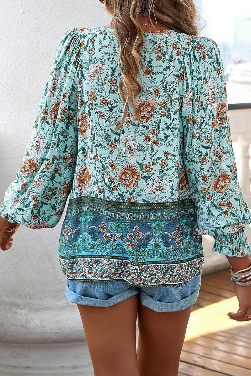 CWTBLL3942_BOHO V-NECK TIE FRONT PRINTED LONG SLEEVE BLOUSE