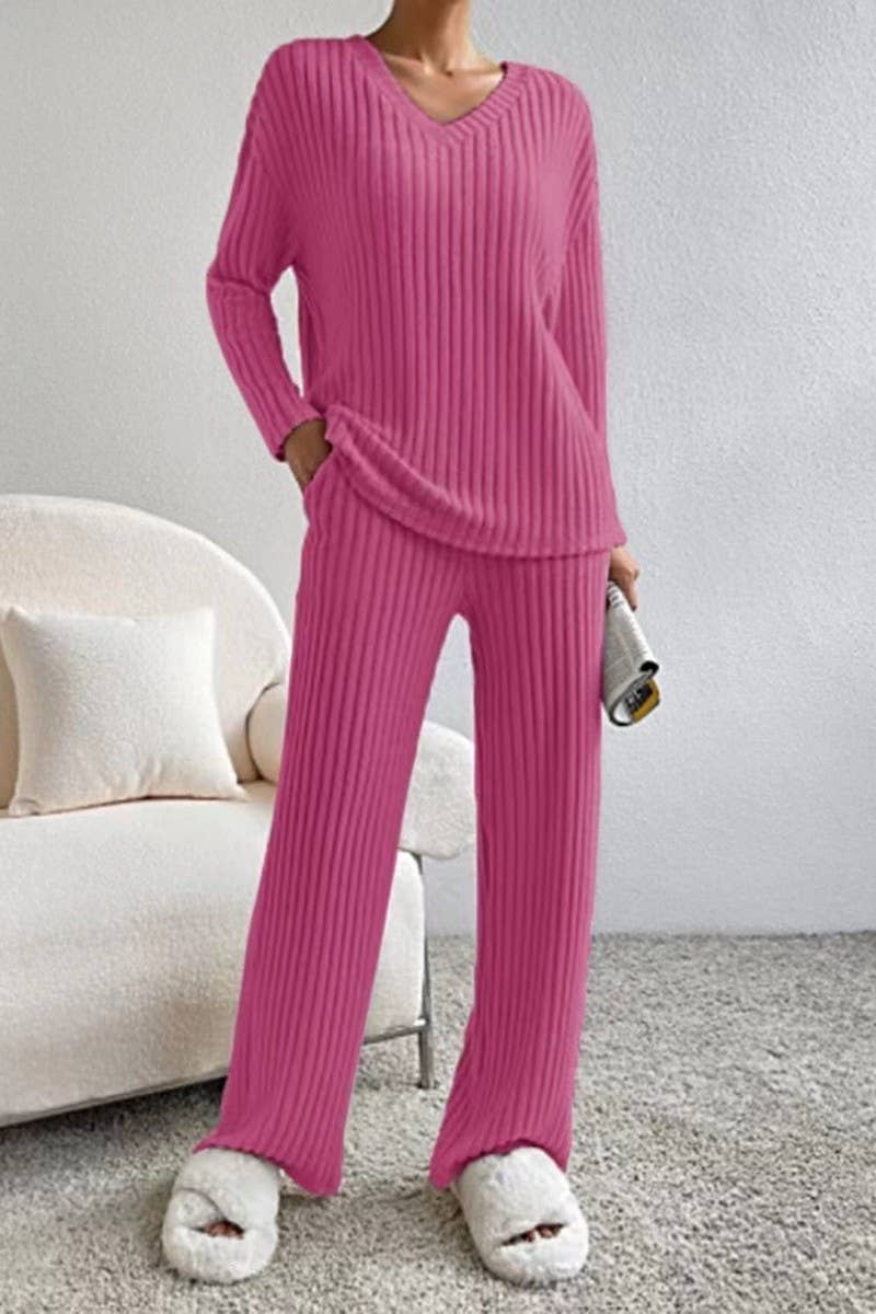 CWSTB00462_RIBBED KNIT V NECK TOP AND STRAIGHT PANTS SET