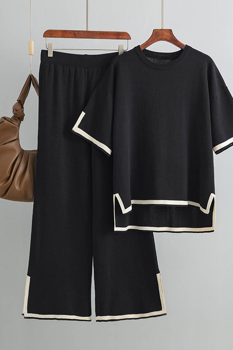 CWSTB00422_COLORBLOCK KNIT TOP & HIGH WAIST WIDE LEG SET