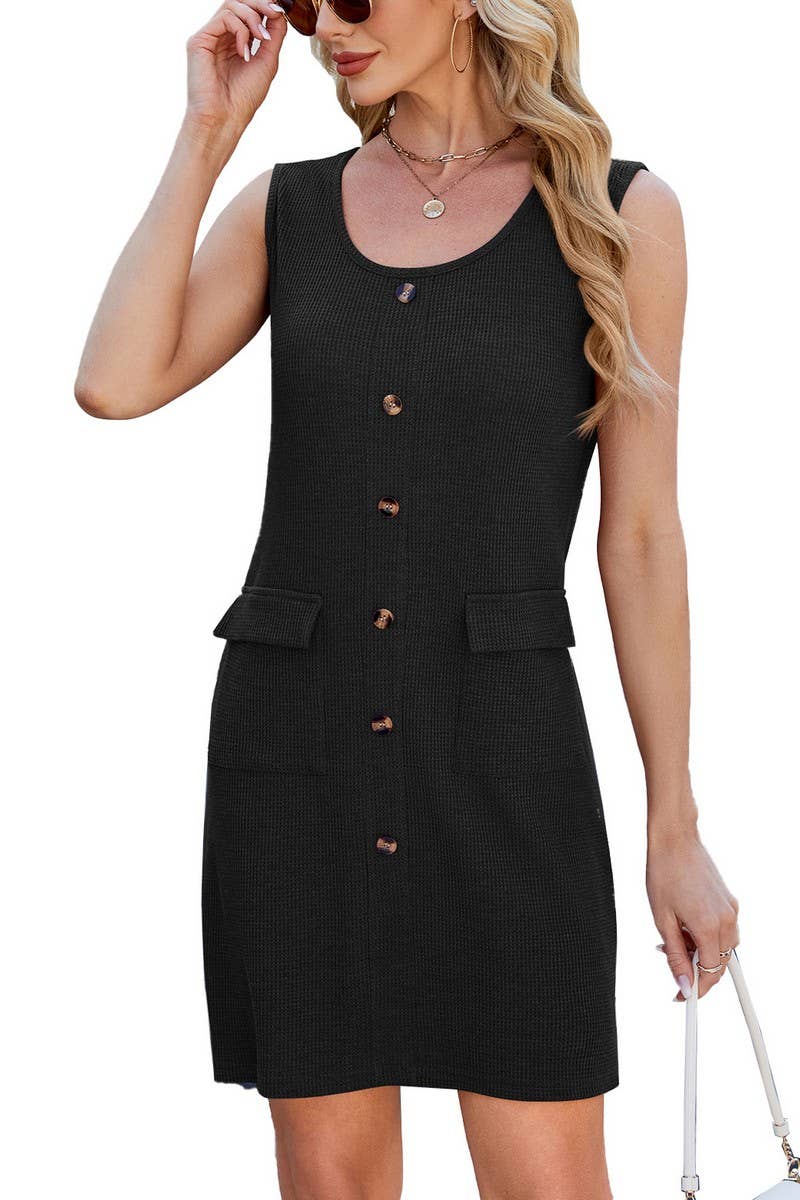 CWDSD8725_SOLID CREW NECK BUTTON POCKET SLEEVELESS DRESS