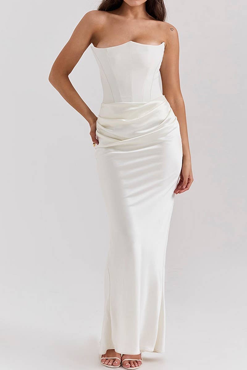 CWDTD0395_SOLID COLOR TUBE TOP PLEATED PATCHWORK DRESS